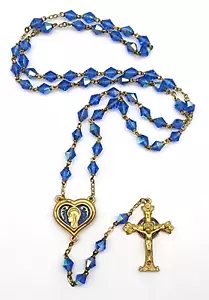 Rosario religioso vintage Signora di Lourdes Aurora cristallo blu su tono oro - Foto 1 di 6