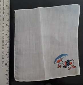 Vintage Hand Embroidered Duck with Umbrella Cloth Hanky 7x7-1/2 Inches - Picture 1 of 2