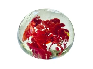 Vintage Hand Blown Art Glass Clear Bubble Center Red Flowers Round Paperweight - Picture 1 of 17