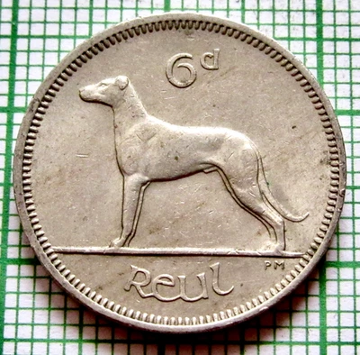 IRELAND 1968 6 PINGIN PENCE SIXPENCE, IRISH WOLFHOUND DOG & Gaelic Harp km# 13a - Image 1 of 4