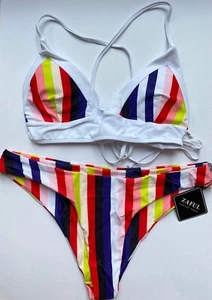 Zaful Colourful Rainbow White Padded Bikini Size 12 / L Swimwear Set BNWT - Picture 1 of 12