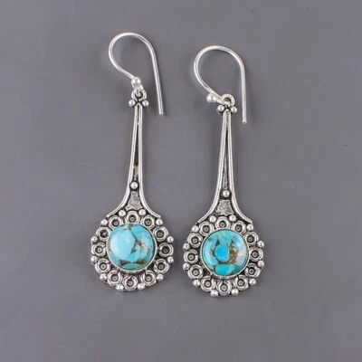 Womens day Deal Blue Copper Turquoise 925 Sterling Silver Dangle Drop Earrings - Image 1 of 4