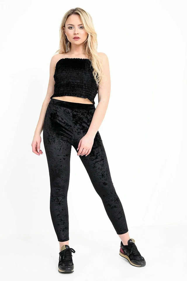 Womens Velvet Velour Crushed Elasticated Stretch Leggings Trousers Bottoms - Image 1 of 1