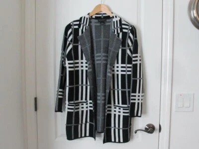 Investments Sweater Open Front Cardigan Duster Pockets Black White Plaid Sz Med - Image 1 of 4