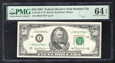FR. 2120-J* 1981 $50 *STAR* FEDERAL RESERVE NOTE KANSAS CITY, MO PMG UNC-64EPQ C - Image 1 of 2