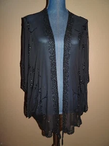Vintage Scala schwarze Perlen elegante 100 % offene Kimono-Strickjacke aus Seide Größe 1X - Bild 1 von 6