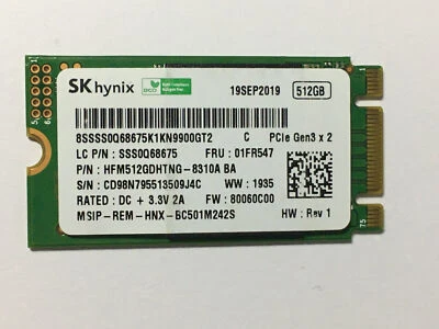 SKhynix HFM512GDHTNG-8310A 512GB SSD MVMe PCIe Gen3x2 M.2 2242 SSD For T480 LA - Image 1 of 4