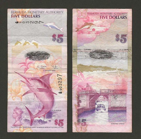 BERMUDA $5 Dollars 2009, P-58b, A/1  Prefix, Cossar / Jaoquin, Circulated, NEW Cover