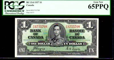 CANADA BC-21d $1 1937 PCGS 65PPQ “KING GEORGE VI” Bank of Canada - Image 1 of 4