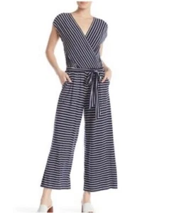Max Studio Women's Navy Blue Striped Short Sleeve Wide Leg Jumpsuit Size Large - Picture 1 of 13