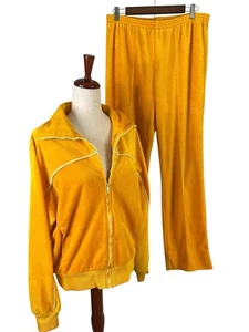 Vtg Terry Cloth Velour Marigold Yellow Tracksuit Sz L 70s Disco Tennis Club Dad - Picture 1 of 18