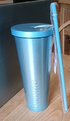 ✨ Dunkin’ Donuts Blue Iridescent Stainless Steel 24oz Tumbler Cup with Straw   - Image 1 of 4