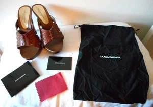 $1.1K NIB DOLCE & GABBANA Logo Lace Brown Leather Mules Shoes ITALY EU 37 US 7M - Picture 1 of 11