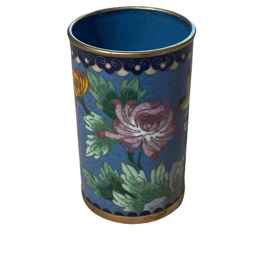 Vintage 4” Cloisonne’ Enamel Brush Holder Green Bird Blue Floral Decorative Vase - Image 1 of 4