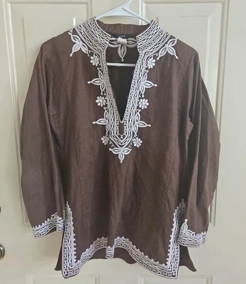 Top J Crew Lino Cuello en V Bordado Boho Marrón Vintage Talla Pequeña Foto 1 de 4