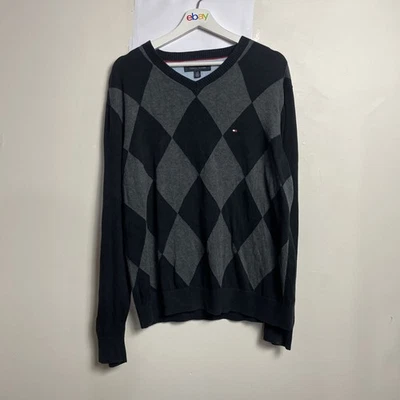Tommy Hilfiger Men's Sweater Large Black Argyle Pullover Jumper Cotton Logo - image 1 of 4