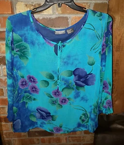 Notations-1X- Turquoise, Blue & Purple Sheer Blouse over Blue lining, 3/4 Sleeve - Picture 1 of 9