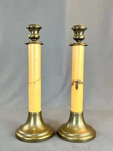 Pair (2) Vintage Faux Bamboo & Brass 13" Candle Holder Candlesticks ~ Italy - Picture 1 of 11