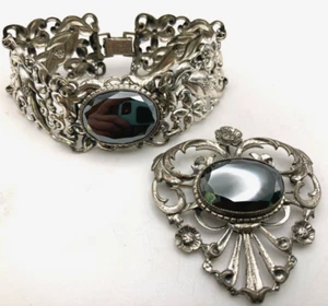 VTG Danecraft Sterling Silver Faceted Hematite Healing Bracelet & Pendant/Brooch - Picture 1 of 15
