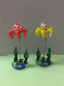 2 x figurine en verre de Murano, verre chinois : pieuvre en verre filé dans les algues, ornement