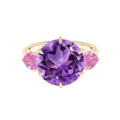 Anillo de Navidad redondo de 1,25 TW de oro amarillo de 14 k con trillón de zafiro rosa de amatista Foto 1 de 4