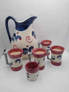 M Kate Original Pottery 1992 Colorful Stoneware Large Pitcher 4 Mugs and 1 Cup - Bild 1 von 12