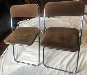 Retro Stainless Steel Corduroy Folding Chair Brown 2 in Set Strong Sturdy