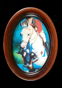 WHITE HORSE Jumper Art Print Framed 5x7" in WOOD OVAL ready to hang! - Imagen 1 de 4