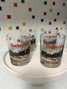 Budweiser Clydesdale Holiday Old Fashioned Whiskey Bar Glass set of 4 VTG 1992 - Picture 1 of 5