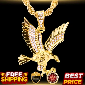 Colgante Águila Helada en Joyería Patriótica Tono Oro 14k + Collar Cadena Cubana 24" - Imagen 1 de 5