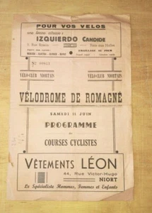 NIORT CYCLISME PROGRAMME DES COURSES CYCLISTES VELODROME DE ROMAGNE 11 JUIN 1949 - Picture 1 of 2