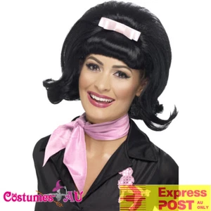 Ladies 50s Flicked Beehive Bob Hairspray Grease Black Flip Costume Party Wig - Picture 1 of 2