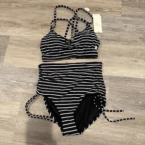 Calia Women Swim Collection Triangle Bikini Top & Bottom Stipe Black Small - Picture 1 of 7