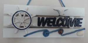*WELCOME* SIGN WOOD HANGING SHIPS WHEEL SHELL NAUTICAL MARITIME SEASIDE HOME - Picture 1 of 5