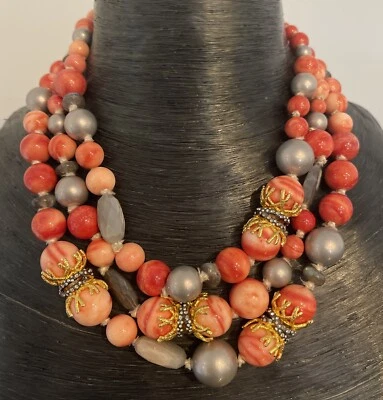 Alexis Bittar Multi-Strand Faux Pearls Crystals Gold Caged Marble Necklace 18” - Image 1 of 4