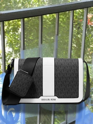 Michael Kors Cooper Men Mini Flap Logo Print Crossbody Bag w/ Pouch Bright White - Image 1 of 4