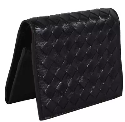 NEW Bottega Veneta Intrecciato Black Shiny Calf Leather Trifold Wallet W/Zip • 304.77€