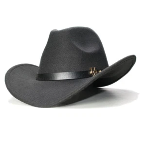 Vintage Unisex Wool Wide Brim Western Cowboy Hat Letter M Leather Belt Size 58CM - Picture 1 of 23