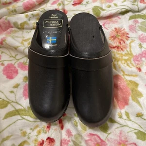 Nuevas Sandalias Moheda Toffeln Cuero Negro Madera Sin Cordones Zueco Mula Talla 36 Suecia - Imagen 1 de 4