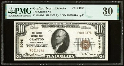 1929 $10 GRAFTON NATIONAL BANK  GRAFTON, NORTH DAKOTA PMG 30 VF - Image 1 of 3