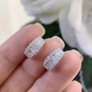 2Ct Baguette Lab Created Diamond Huggie Hoop Fancy Earring 14k White Gold Plated - Picture 1 of 3