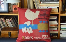 1969 Woodstock Music Linen Throw Pillow Case Bird on Guitar Poster Cushion Cover