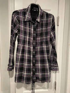 A.N.A. Size M Double Gauze Black Purple Plaid Studded Tunic Button Down Tie Back - Picture 1 of 11