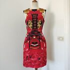 Mary Katranzou Size 10 Fitted Graphic Print Silk Dress Sleeveless Red Gold