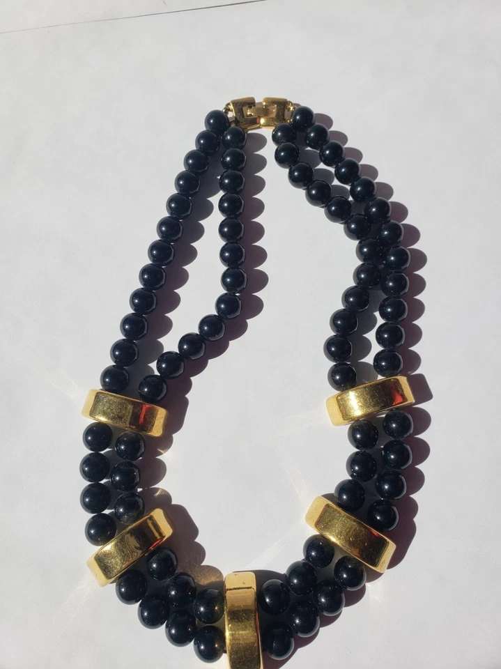 Vintage 80s MONET Bauble Bead Necklace Black Gold Collar  Acrylic Double Strand Foto 1 de 1