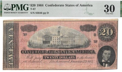 T-67 1864 $20 Confederate PF-3 PMG VF30 Nice Light RED Color, CSA Treasury Stamp - Image 1 of 4