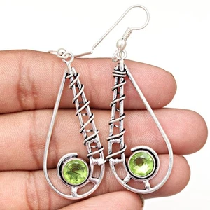 Peridot Quartz Gemstone Handmade Silver Jewelry Earrings 1.5'' - Picture 1 of 7