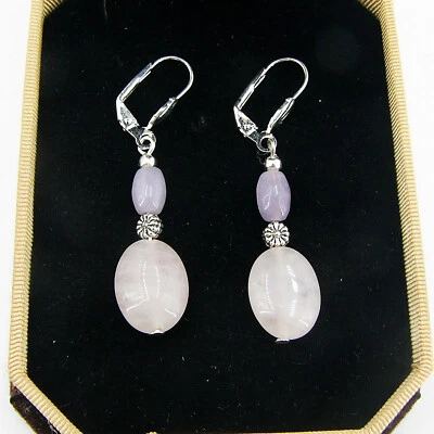 OPERHAUS Chalcedon & Rosenquarz Ohrringe Ohrhänger earrings Klappbrisuren A053 - Bild 1 von 2
