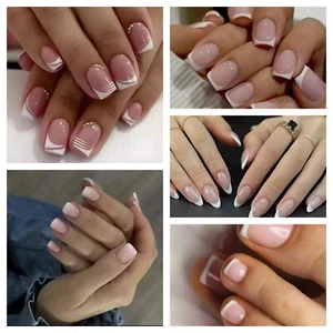 24x Short Square False Nails French Manicure Fake Tips Press On Full Cover Nails - Picture 1 of 15