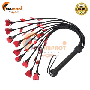 Genuine Leather Cat-O-Nine Flogger 09 Braided Tails with Red Hearts & Red Petals - Picture 1 of 8